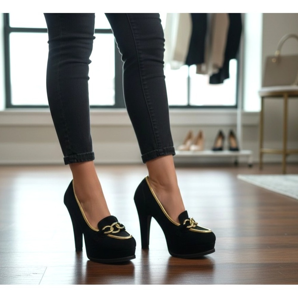 Vintage Colin Stuart Black Suede Gold Accent Platform Loafer Style Heels-7B